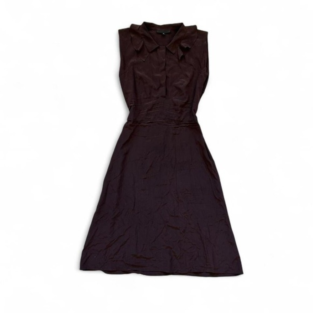VTG 100% Silk Mocha Brown‎ collard sleeveless button detail midi dress 6